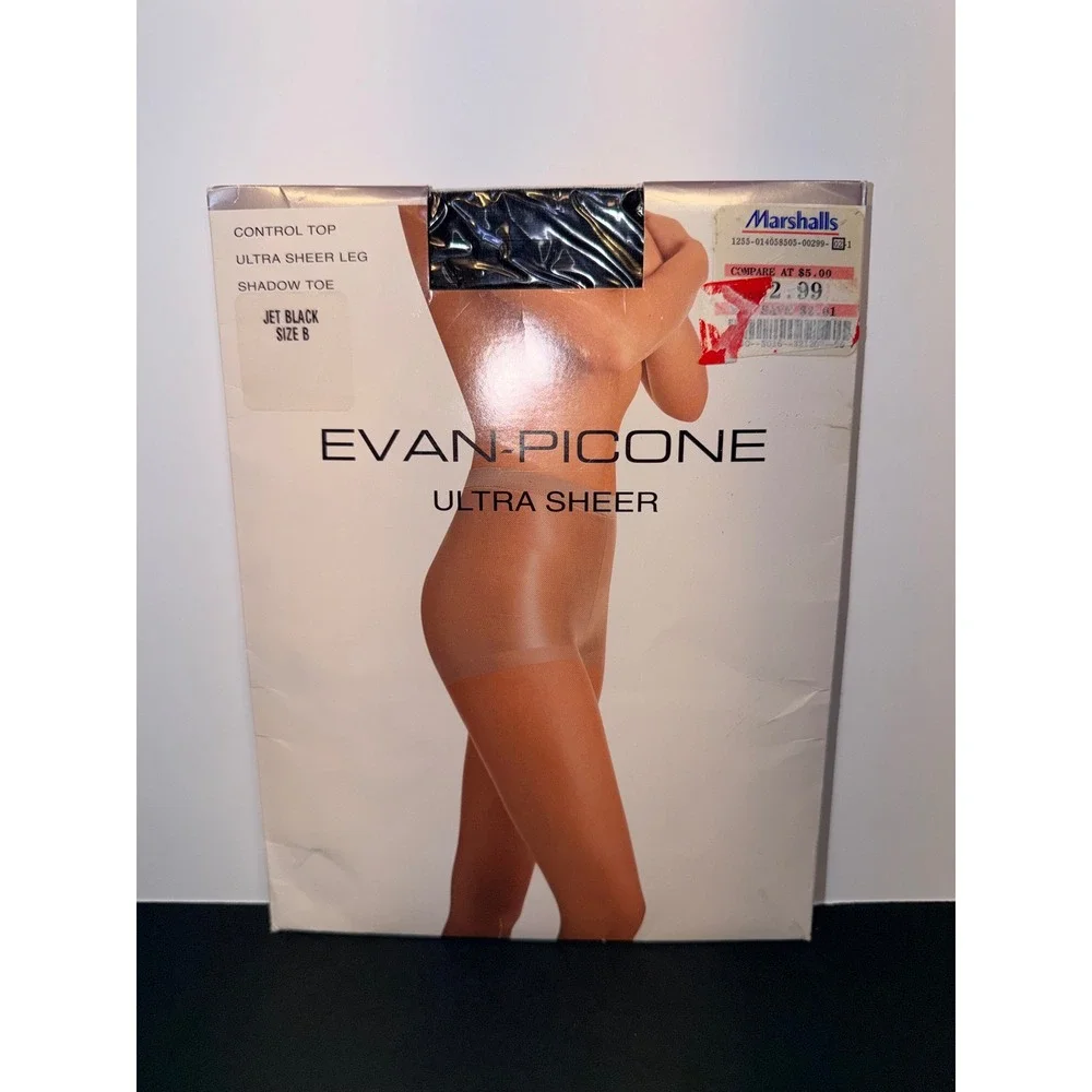Evan-Picone Ultra Sheer Control Top Pantyhose Jet Black Size B Shadow Toe USA